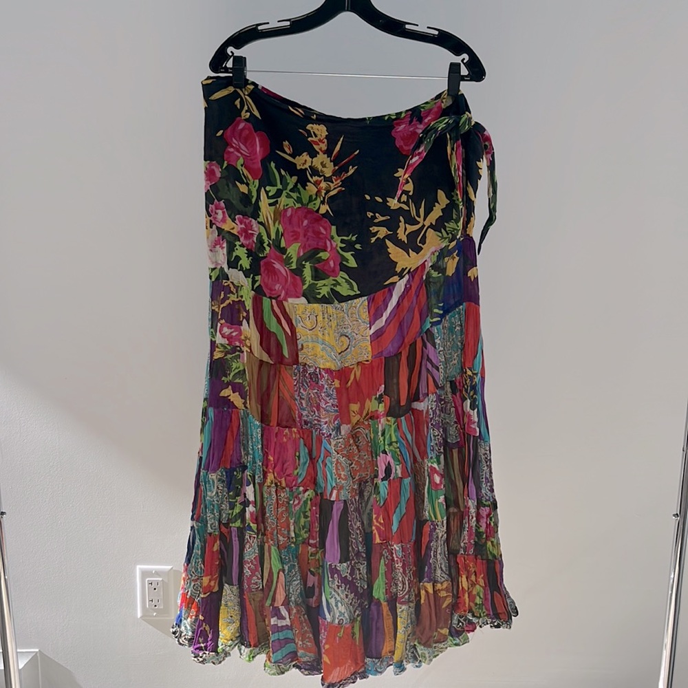 Thai- asymmetrical patch tiered maxi skirt